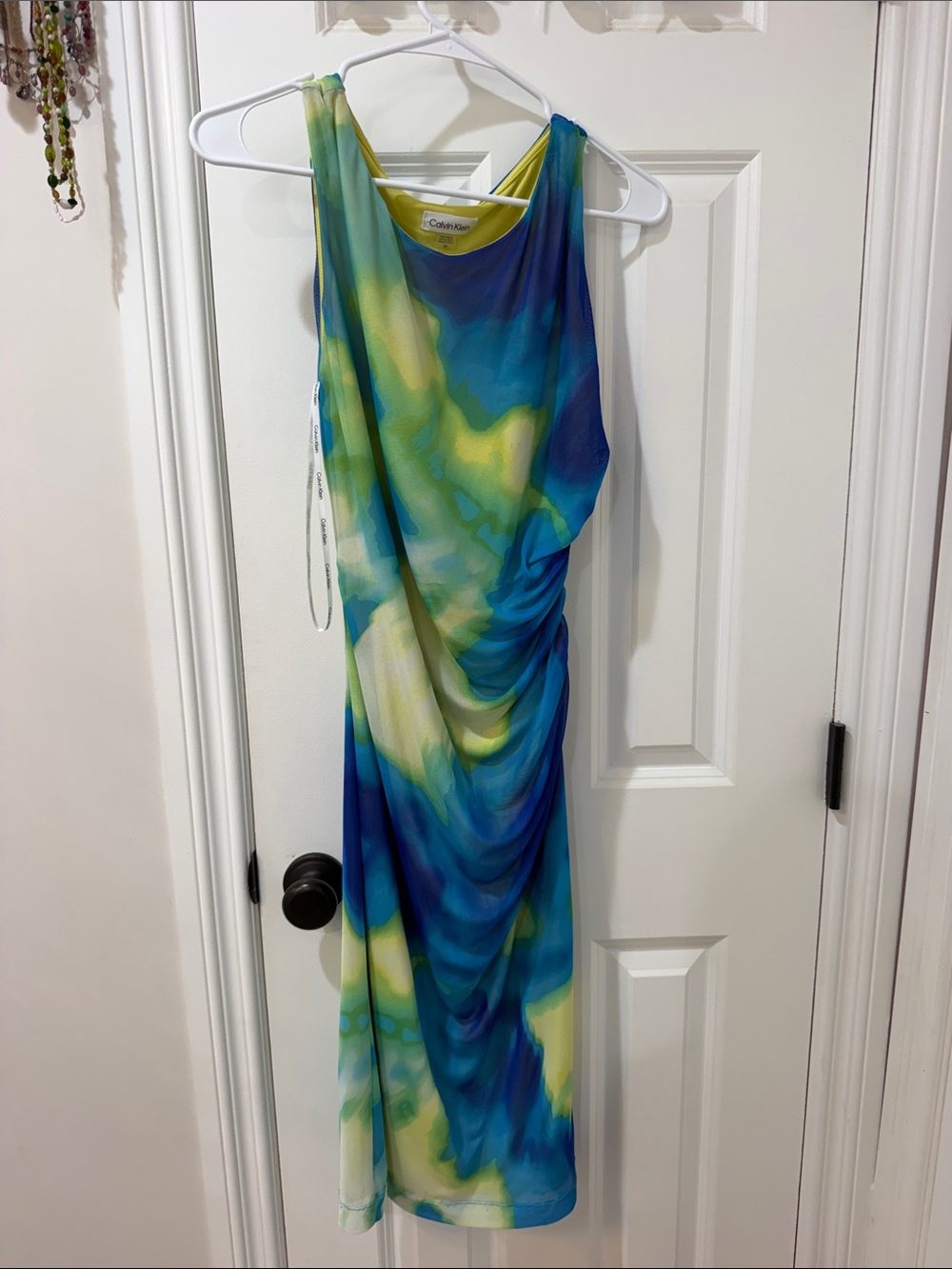 Calvin Klein Blue & Green Ruched Midi Dress